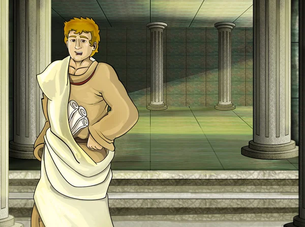 Cartoon-Szene mit römischen oder griechischen antiken Figuren in der Nähe eines antiken Gebäudes wie Tempel-Illustration für Kinder — Stockfoto