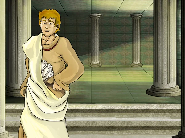 cartoon scene with roman or greek ancient character near some ancient building like temple illustration for children