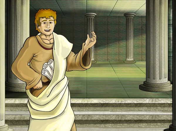 cartoon scene with roman or greek ancient character near some ancient building like temple illustration for children