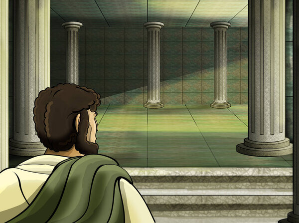 cartoon scene with roman or greek ancient character near some ancient building like temple illustration for children