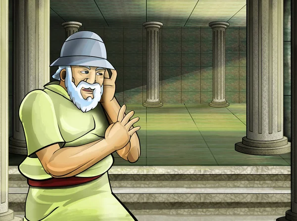Scène de dessin animé avec personnage antique romain ou grec près d'un ancien bâtiment comme illustration de temple pour les enfants — Photo