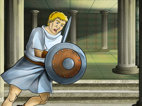 Escena de dibujos animados con romana o guerrero griego personaje antiguo cerca de algún edificio antiguo como ilustración del templo para niños — Foto de Stock