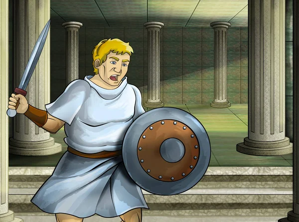 Karikatura scéna s římský nebo řecký bojovník starověký znak v blízkosti nějaké starověké budovy, jako chrám ilustrace pro děti — Stock fotografie