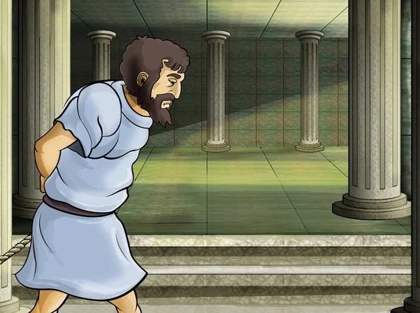 cartoon scene with roman or greek ancient character near some ancient building like temple illustration for children