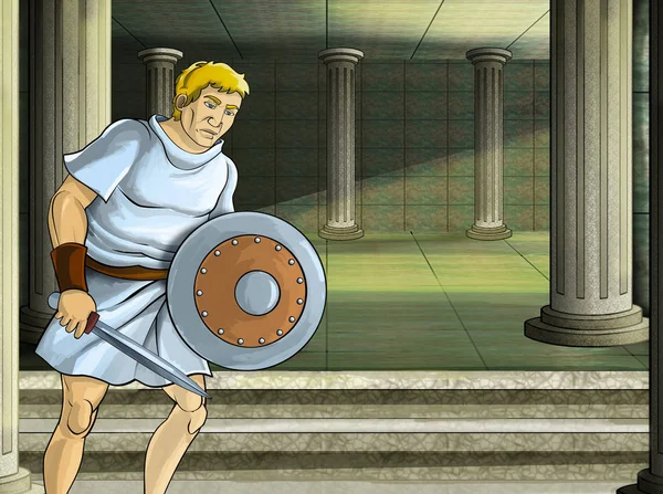 Rajzfilm jelenet római vagy görög harcos ősi karakter közelében néhány ősi épület, mint a templom illusztráció gyerekeknek — Stock Fotó