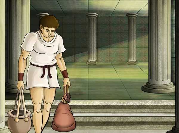 cartoon scene with roman or greek ancient character near some ancient building like temple illustration for children