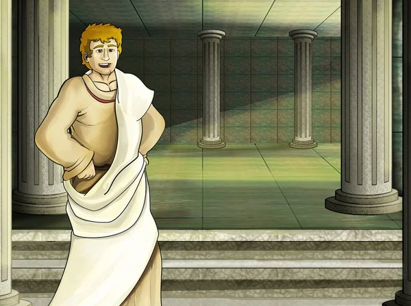 Escena de dibujos animados con carácter romano o griego antiguo cerca de algún edificio antiguo como ilustración del templo para los niños —  Fotos de Stock