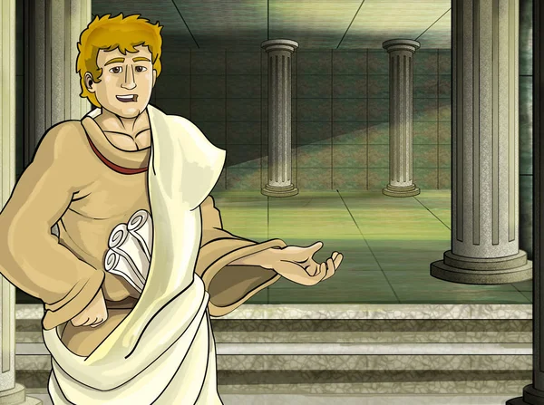 Cartoon scene with roman or greek ancient character near some ancient building like temple illustration for children — Stock Photo, Image