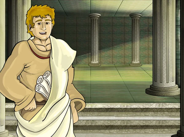 Scena del fumetto con personaggio antico romano o greco vicino a qualche edificio antico come l'illustrazione del tempio per i bambini — Foto Stock