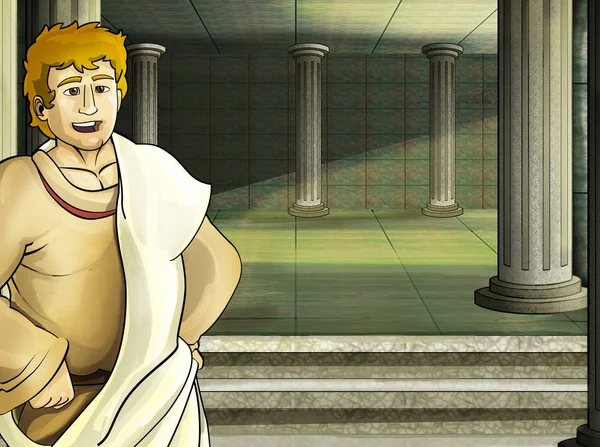 Cartoon-Szene mit römischen oder griechischen antiken Figuren in der Nähe eines antiken Gebäudes wie Tempel-Illustration für Kinder — Stockfoto