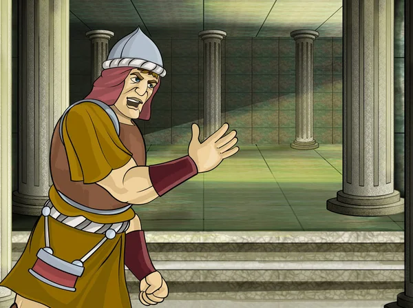 Cartoon scene with roman or greek warrior pirate ancient character near some ancient building like temple illustration for children — Stock Photo, Image