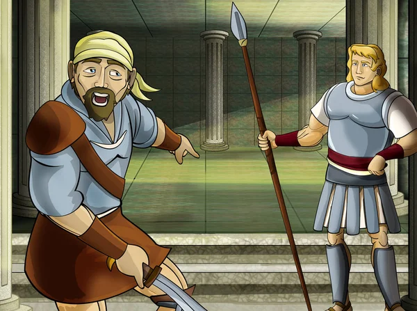 Cena dos desenhos animados com romano ou grego guerreiro personagem antigo perto de algum edifício antigo como ilustração do templo para crianças — Fotografia de Stock