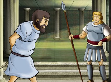 Roma ya da Yunan savaşçının olduğu bir çizgi film sahnesi. Çocuklar için tapınak illüstrasyonu gibi antik bir binanın yakınında eski bir karakter.