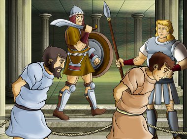cartoon scene with roman or greek warrior - ancient character near some ancient building like temple illustration for children clipart
