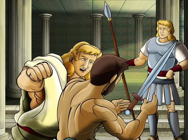 Cartoon scene met Romeinse of Griekse krijger - oud karakter in de buurt van een oud gebouw zoals tempel illustratie voor kinderen — Stockfoto