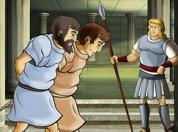 Scena dei cartoni animati con guerriero romano o greco personaggio antico vicino a qualche antico edificio come l'illustrazione del tempio per i bambini — Foto Stock