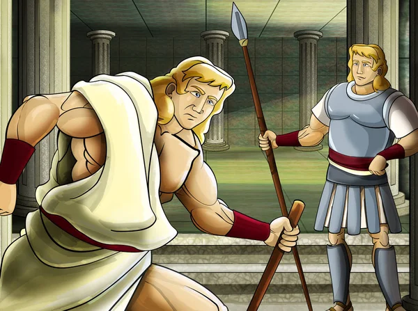 Cena dos desenhos animados com romano ou guerreiro grego personagem antigo perto de algum edifício antigo, como ilustração do templo para crianças — Fotografia de Stock