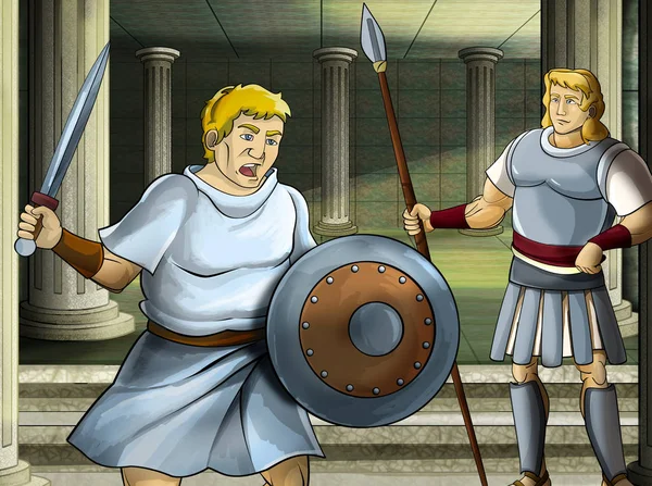 cartoon scene with roman or greek warrior - ancient character near some ancient building like temple illustration for children