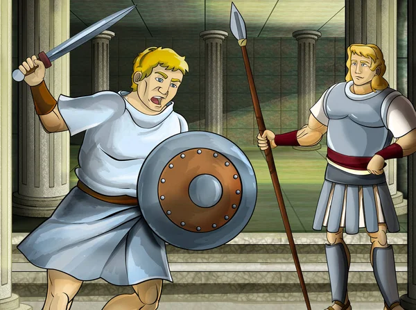 Scena dei cartoni animati con guerriero romano o greco personaggio antico vicino a qualche antico edificio come l'illustrazione del tempio per i bambini — Foto Stock
