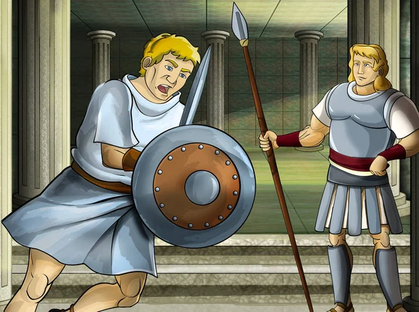 Cena dos desenhos animados com romano ou guerreiro grego personagem antigo perto de algum edifício antigo, como ilustração do templo para crianças — Fotografia de Stock