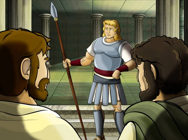 Cartoon scene met Romeinse of Griekse krijger - oud karakter in de buurt van een oud gebouw zoals tempel illustratie voor kinderen — Stockfoto