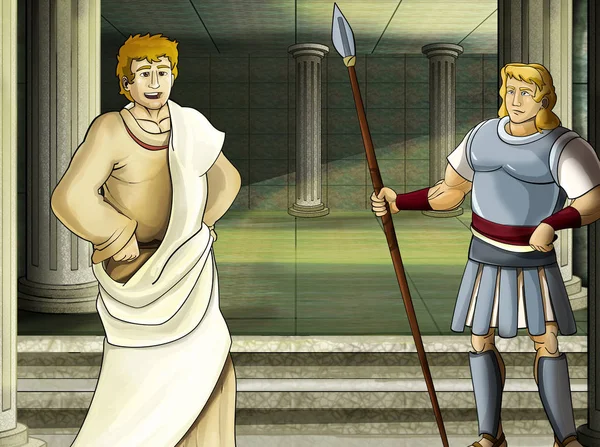 Σκηνή κινουμένων σχεδίων με Ρωμαίο ή Έλληνα πολεμιστή - αρχαίο χαρακτήρα κοντά σε κάποιο αρχαίο κτίριο όπως εικονογράφηση ναού για παιδιά — Φωτογραφία Αρχείου