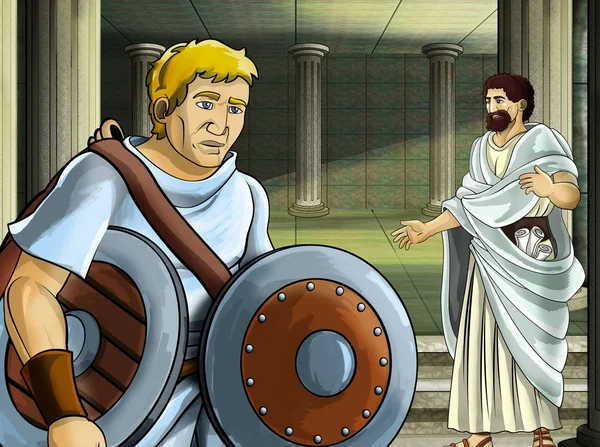 Scena kreskówki z rzymskim lub greckim wojownikiem - starożytny charakter w pobliżu jakiegoś starożytnego budynku, jak ilustracja świątyni dla dzieci — Zdjęcie stockowe