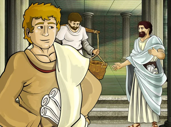 Cena dos desenhos animados com romano ou grego personagem antigo perto de algum edifício antigo como ilustração do templo para crianças — Fotografia de Stock