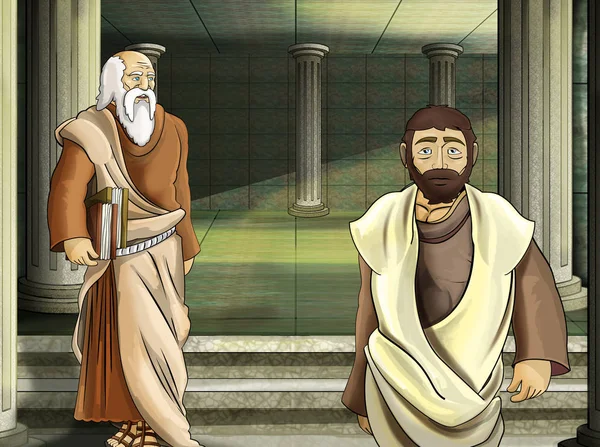 Cartoon scene met romeins of Grieks - oud karakter in de buurt van een oud gebouw zoals tempel illustratie voor kinderen — Stockfoto