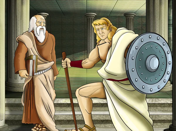 Σκηνή κινουμένων σχεδίων με ρωμαϊκό ή ελληνικό - αρχαίο χαρακτήρα κοντά σε κάποιο αρχαίο κτίριο όπως εικονογράφηση ναού για παιδιά — Φωτογραφία Αρχείου