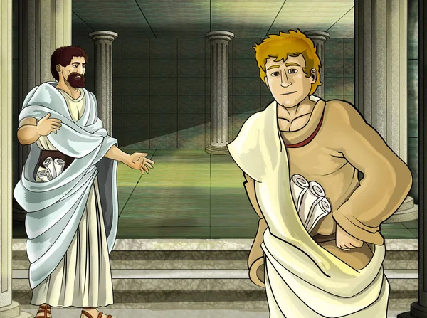 Scena del fumetto con romano o greco - personaggio antico vicino a qualche edificio antico come l'illustrazione del tempio per i bambini — Foto Stock
