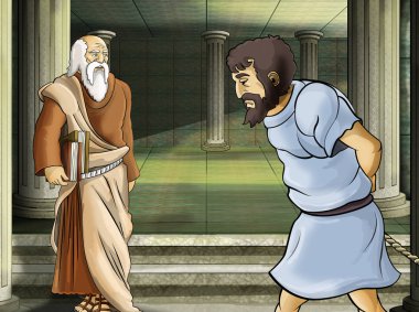 Roma ya da Yunan çizgi film sahnesi. Çocuklar için tapınak illüstrasyonu gibi antik bir binanın yakınında eski bir karakter.