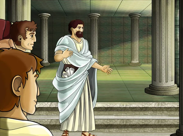 cartoon scene with roman or greek - ancient character near some ancient building like temple illustration for children