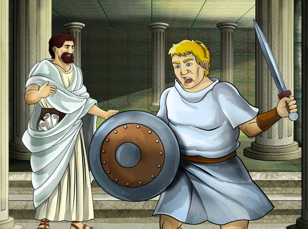 cartoon scene with roman or greek warrior - ancient character near some ancient building like temple illustration for children