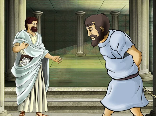 Scena del fumetto con romano o greco - personaggio antico vicino a qualche edificio antico come l'illustrazione del tempio per i bambini — Foto Stock