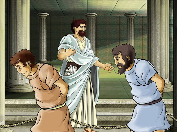 мультяшная сцена с римским или греческим - древний персонаж рядом с каким-то древним зданием, как храм иллюстрации для детей
