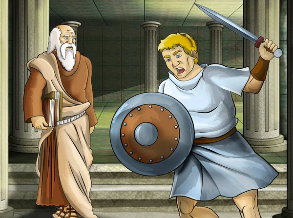 Scena kreskówki z rzymskim lub greckim wojownikiem - starożytny charakter w pobliżu jakiegoś starożytnego budynku, jak ilustracja świątyni dla dzieci — Zdjęcie stockowe