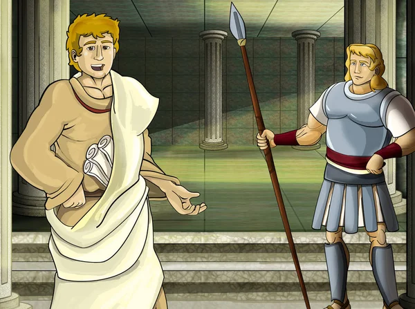 Cartoon-Szene mit römischen oder griechischen Kriegern - antike Figur in der Nähe eines antiken Gebäudes wie Tempel-Illustration für Kinder — Stockfoto
