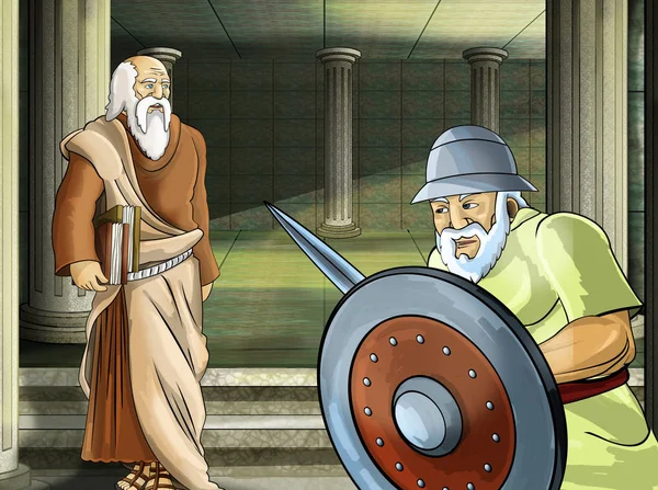 Tecknad scen med romersk eller grekisk krigare - antik karaktär nära någon gammal byggnad som tempel illustration för barn — Stockfoto