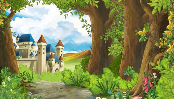 Dibujos animados escena de la naturaleza con hermoso castillo cerca del bosque - enfermo —  Fotos de Stock
