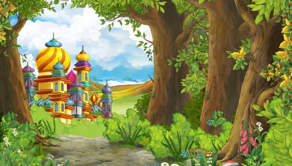 Cena da natureza dos desenhos animados com belo castelo perto da floresta - doente — Fotografia de Stock