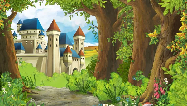 Dibujos animados escena de la naturaleza con hermoso castillo cerca del bosque - enfermo — Foto de Stock