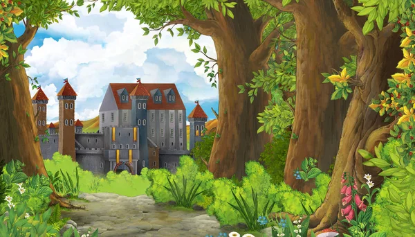Cartoon nature scene with beautiful castle near the forest - ill — Stock Photo, Image