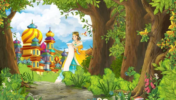 Cartoon příroda scéna s krásnou dívkou princezna a hrad - i — Stock fotografie