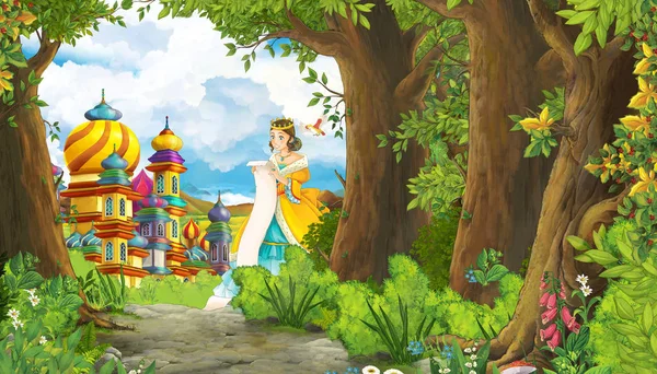 Dibujos animados escena de la naturaleza con hermosa princesa niña y castillo - i — Foto de Stock