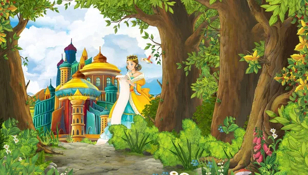 Cartoon nature scene with beautiful girl princess and castle - i — Stock Photo, Image