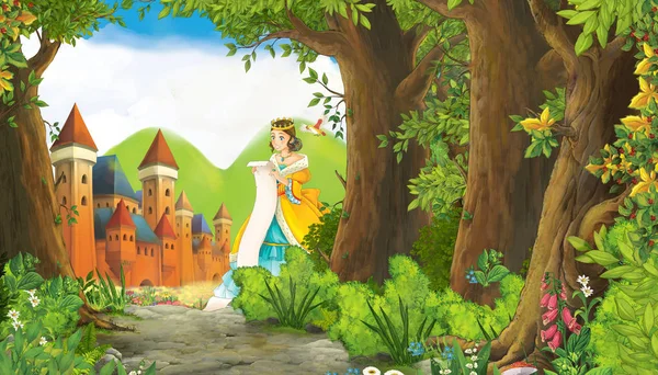 Tecknad natur scen med vacker flicka prinsessa och slott kvickhet — Stockfoto