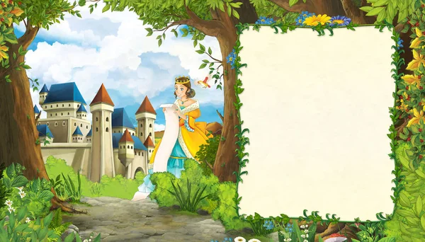 Dibujos animados escena de la naturaleza con hermosa princesa chica y castillo ingenio —  Fotos de Stock