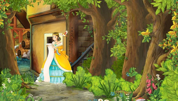 Escena de la naturaleza de dibujos animados con la calle de la ciudad medieval y con hermosa princesa niña de pie y la lectura - ilustración para los niños — Foto de Stock