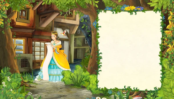 Καρτούν φύση σκηνή με μεσαιωνικό δρόμο της πόλης και με όμορφη πριγκίπισσα κορίτσι στέκεται και ανάγνωση - εικονογράφηση για τα παιδιά — Φωτογραφία Αρχείου
